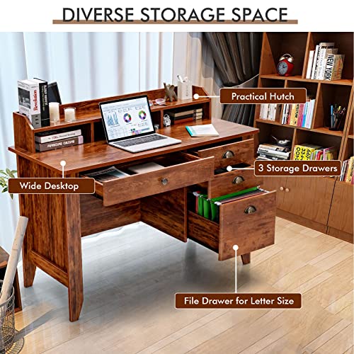 Goflame 48” Computer Desk With Hutch, Vintage Home Office Desk With Storage Drawers & Shelves, Space Saving Laptop Pc Table, Wooden Study Writing Workstation, Rustic Brown #TOP5