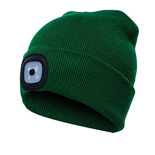 Tookie LED Gorro de Punto, Unisex Invierno cálido LED Luz Faro Recargables Outdoor Caza Camping barbacoas Ciclismo Sombrero Verde Oscuro Free Size
