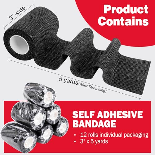Image of AZEN 12 Pack Black Self Adhesive Bandage Wrap, 3 inch X 5 Yards Elastic Cohesive Bandage Wrap, Vet Wrap, Ankle Tape, Tattoo Grip Tape Wrap