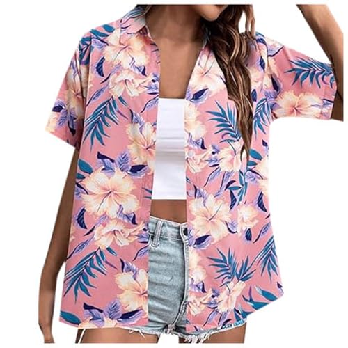 Camisas Hawaianas Mujer Camisa de Verano Casual Shirts Manga Corta con Botones Camisas con Estampado Tropical Blusa de Playa Vacaciones (Light Purple, M)