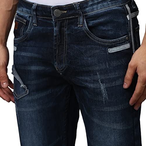 Image of CAHOOT Men's Navy Blue Tapered Dark- Wash Denim Jeans | Stretchable Cotton Mid-Rise Denim Jeans Crafted with Comfort Fit and High Performance for Everyday Wear