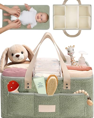 Image of Toodly Baby Diaper Caddy Organizer with Portable Changing Mat - Teddy Fleece Diaper Organizer for Changing Table - Basket for Changing Essentials - Baby Essentials Organizer with Removable Dividers
