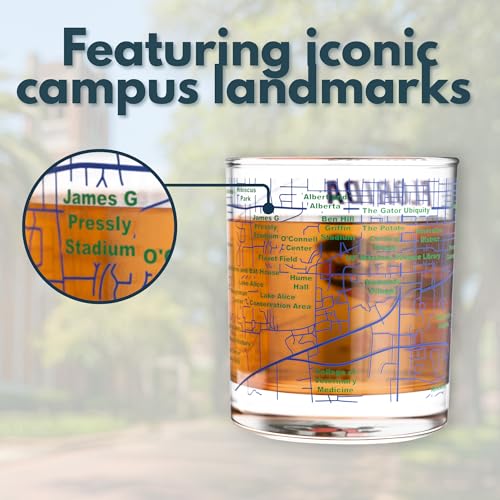 Image of Greenline Goods - University of Florida Gators College Whiskey Glasses (Set of 2), 10 oz - Full-Color Logo + Campus Map