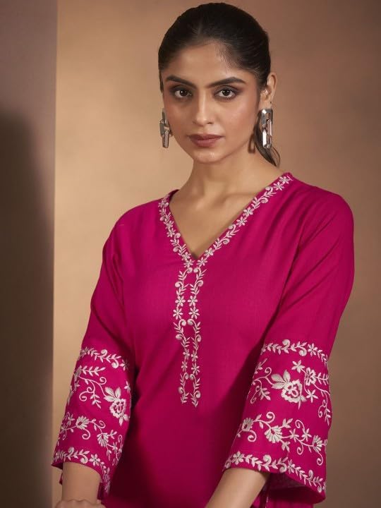 Image of MAHIRA'S Comfort Women's Short Kurti, Rayon Tunic Top with 3 /4 Embroidered Designer Sleeves | Soft Breathable Fabric | Office & Casual Kurti for Jeans, Leggings & Trousers