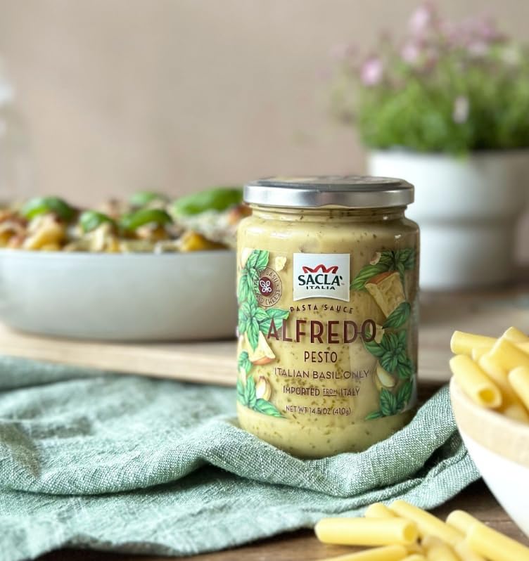 Miniatura 5 de SACLA Alfredo - Salsa de pasta con pesto de albahaca  Salsa cremosa italiana para pasta blanca con queso y albahaca fresca  Tarro de vidrio de 14.5