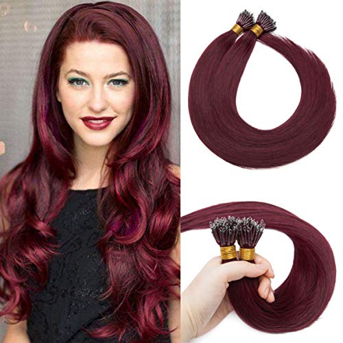 S-noilite Nano Ring Hair Extension 100% Human Hair Nano Bead Links Extensions Pre Bonded Cold Fusion Nano Loop Hairpiece For Women Gift 16" 50g 50 Strands #99J Wine Red