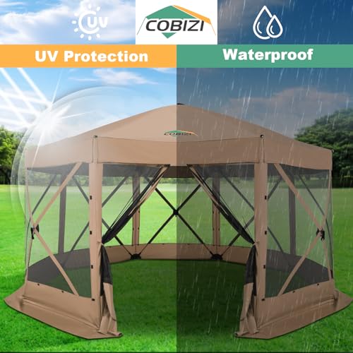 Image of COBIZI 15x15 FT Pop Up Gazebo - Canopy Tent, Large Gazebos On Clearance, Hot tub Screened in Gazebo,carpas para Patio,Portable Screen Tents for 12-15 Persons Outdoor Camping, Backyard, Khaki