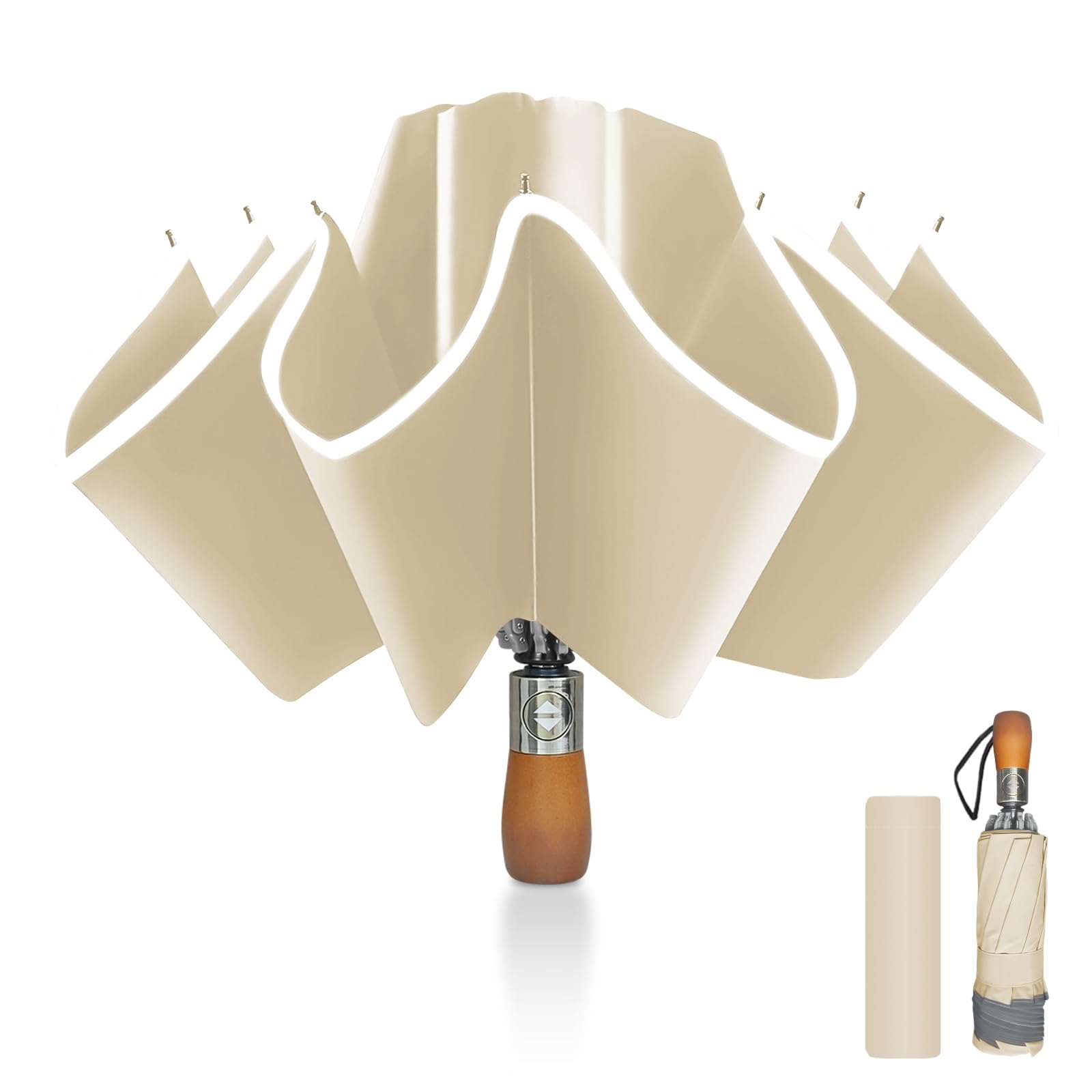 Pioggistar Men's Beige Windproof Folding Umbrella, Automatic Reverse Umbrella, Rain Umbrella 10 Reinforced Ribs For And Wo, Wooden Handle, Diameter 105 Cm, 105 Centimetri