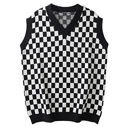 Men Checkerboard Print Knitted Sweater Sleeveless Vest Embroidered Sweater Vest