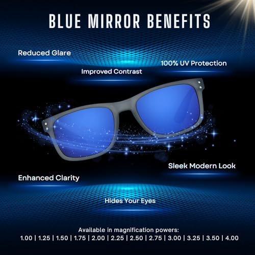 proSPORT Reader Sunglasses Blue Mirror Lenses, Full Magnification Dark Tint Horn Rim Frame Golf Driving No Bifocal3