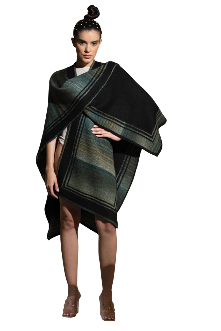 Women’s Cape Wool Outerwear | Draped Cape Style Layer with Open Front Shawl Design | Woolen Textured Fabric with Contrast Border Detailing | Contemporary Indo-Western Fashion, Black/Green-image-31
