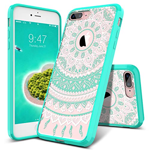 SMARTLEGEND iPhone 8 Plus Case, iPhone 7 Plus Case, [Totem Series] Shock Absorption Full Body Rugged Bumper Clear with Mandala Floral Design Hybrid Protective Case for iPhone 8 Plus/7 Plus- Mint