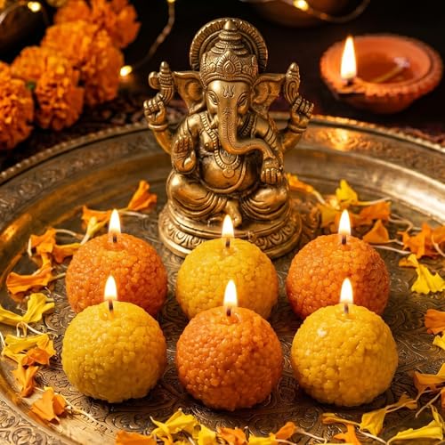 Image of Motichoor Ladoo Scented Candles with Sandalwood Fragrance, Scented Decorative Smokeless Wax Diyas for Diwali, Ganesh Chaturthi, Pooja Decor & Festive Gifting (Pack of 6)
