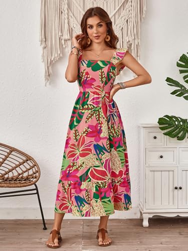 SOLY HUX Women's Summer Tropical Midi Dresses Square Neck Beach A-Line Sun Casual Boho Floral Print Flowy Long Dress3