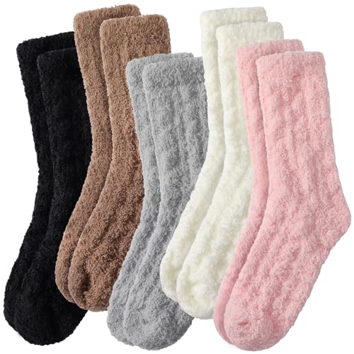 fauson Fuzzy Socks for Women - 5 Pairs Slipper Socks, Cable Knit Cozy Coral Fleece Warm Womens Socks for Daily Wear - Black