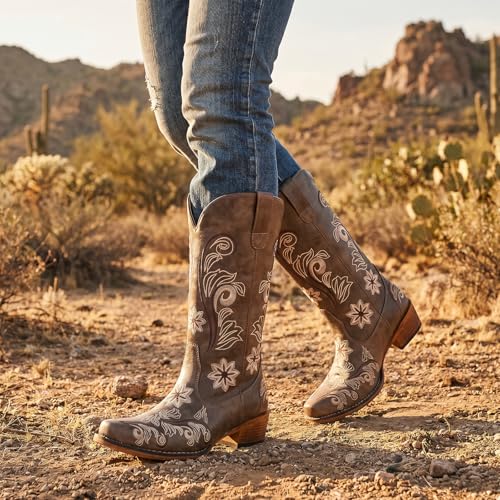 Image of IUV Cowboy Boots For Women Mid Calf Cowgirl Boots Embroidered Pull-On