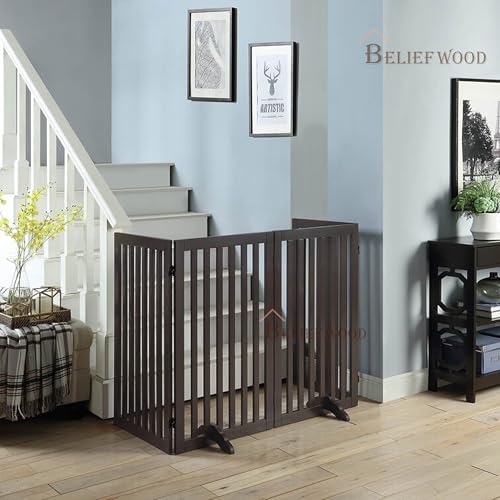 Image of Modern Freestanding Foldable Pet Gate | Kids & Pets Safety Gate Partition | with a Pair of Support Feet Indoor Foldable Dog Fence for Stairs, Hallways or Doorways 60 Cm(4 Panel)