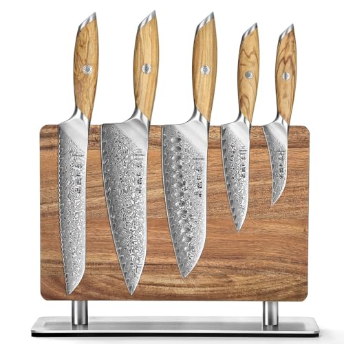 HEZHEN Set de Cuchillos de Cocina Damasco, Cuchillos de Chef de Acero Damasco Cuchillo Santoku con Bloque de Cuchillos Magnético Doble Cara, Soporte para Cuchillos de Madera de Acacia