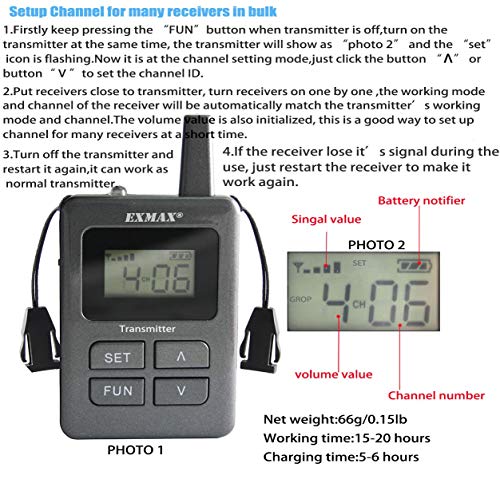 EXMAX ELGT-470 Sistema de Interpretación Inalámbrico UHF para Iglesia, Equipo de Transmisión de Voz con 100 Canales, 1 Transmisor y 15 Receptores con Base de Carga USB de 16 Puertos miniatura 4