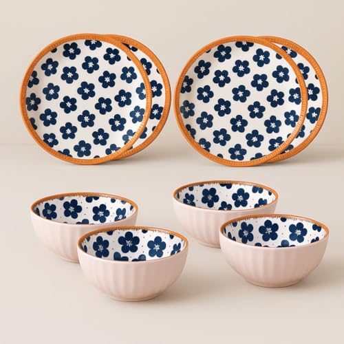Image of YELONA Japanese Style Ceramic Dinnerware Set of 8 (4 Bowls + 4 Plates) | 11.5cm 300ml Bowls & 20.5cm Floral Design Plates | Microwave Safe & Dishwasher Safe | Rustic Modern Kitchen Crockery