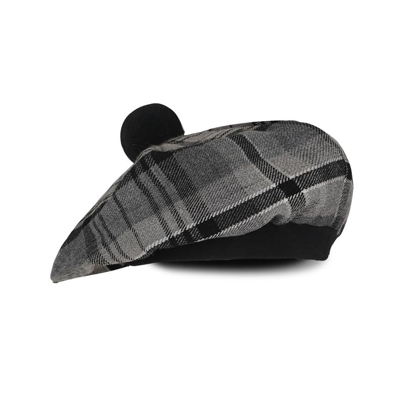 Image of Scottish Tam O' Shanter Hat Tartan Bonnet Pom Pom Wool Flat Cap One Size