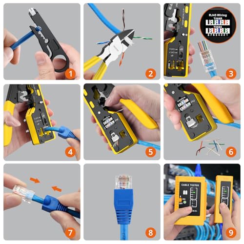 Proster RJ45 Crimp Tool Kit - Cat7 Krimpgereedschap voor 8P RJ45 CAT5 Cat6 CAT7 & 6P RJ11 RJ12 Connector RJ45 Krimptang met Netwerk Kabel Tester 50 STKS Pass Through Connectors 50 STKS Beschermende - Afbeelding 5