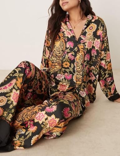 Image of Arssm Satin Pajama Set for Women Silk Pajamas Set 2 Piece Floral Pj Set Long Sleeve Button Down Pjs Sleepwear