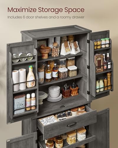 Image of VASAGLE Pantry Cabinet, Tall Storage Cabinet with Drawer, 70.3-Inch | Farmhouse kitchen cabinet with barn doors, tray, adjustable shelves, Misty Gray, UBBK364G01