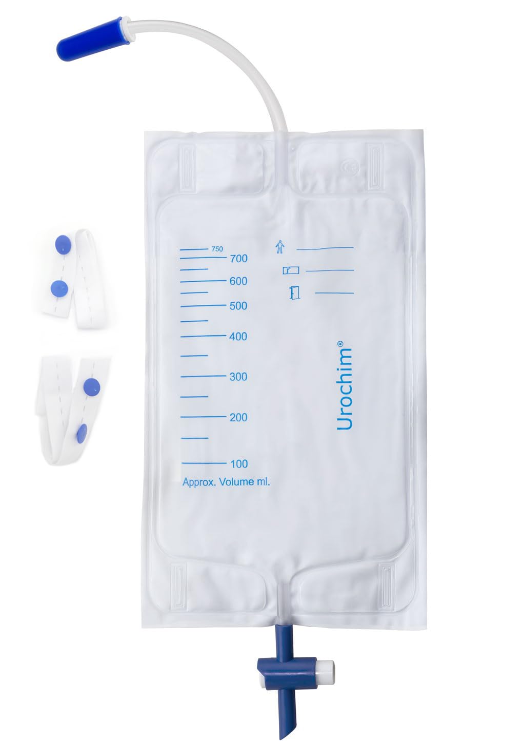 UROCHIM® Sacche per urina da gamba 750 ml con tubo 10 cm valvola antireflusso e rubinetto di scarico a croce (T) (Confezione da 10 pezzi con 2 fasce elastiche regolabili e due bottoncini)