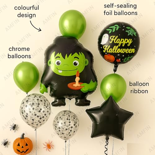 Image of AMFIN (Pack of 11) Halloween Balloon Decoration Set - Green Monster Foil Balloon with 2 inchHappy Halloween inch Round Balloons & 2 Black Star Balloons - Spooky Party Supplies for Kids & Adults