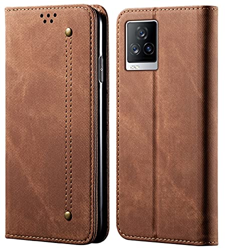 Image of PUDINI Luxury Denim Leather Finish Flip Cover for iQOO 7 Legend 5G Wallet Case Cards Slot with Magnetic Closer, Kickstand Flip Cover, 360 Protection - Brown