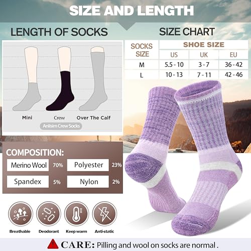Image of Anlisim Merino Wool Hiking Running Socks for Women, Boot Work Crew Socks