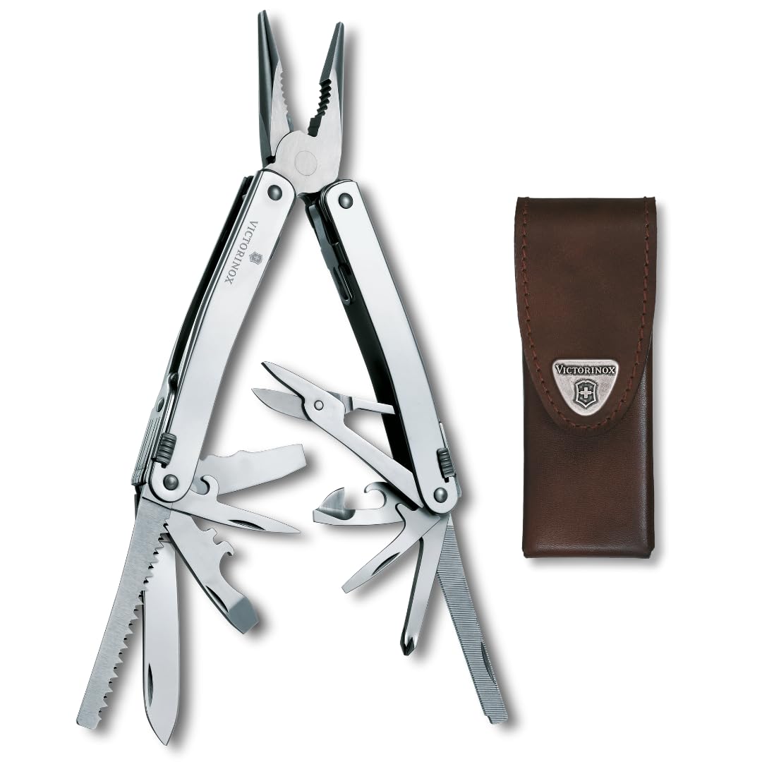 Swiss Tool Spirit X Multi Tool, 24 Function Swiss Made with Locking Blade and Long-Nosed Pliers, incl. Leather Case - Silver