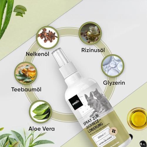 animigo Anti Juckreiz Spray - 250ml Fellpflege - Für Hunde & Katzen - Mit Aloe Vera, Teebaumöl, Nelkenöl, Glyzerin, Rizinusöl, Hexandiol - Für alle Altersgruppen - Hundespray gegen Juckreiz