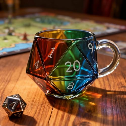Rainbow D20 - Caneca de dados poliédricos com alça, caneca para bebidas, chá, vinho, sumo, cerveja, leite, decoração de escritório, amantes da fantasia, cosplay, mesa e jogadores (azul)