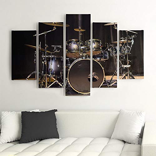 Tableau deco pentaptyque de musique avec instruments et batterie 70x100cm