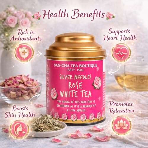 Image of Sancha Tea Boutique, Rose White Tea, 75g Loose Leaves | Antioxidant-Rich White Tea with 100 Petal Wild Rose | Detox, Skin Rejuvenation & Relaxation Tea