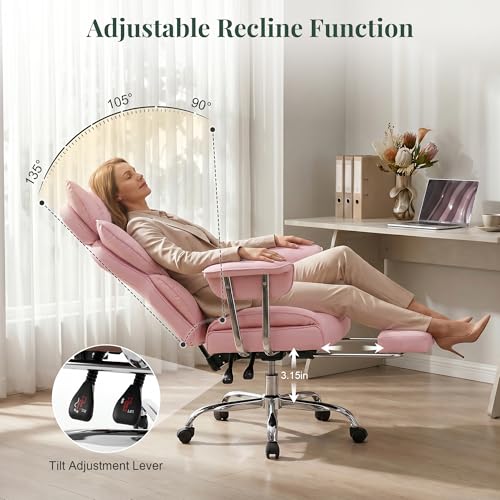 Image of Big and Tall Office Chair 400 LBS, Scratch-Resistant PU Leather Executive Ergonomic Desk Chair with Footrest, Lumbar Support, Wide Reclining Computer Seat for Home Office, Pink