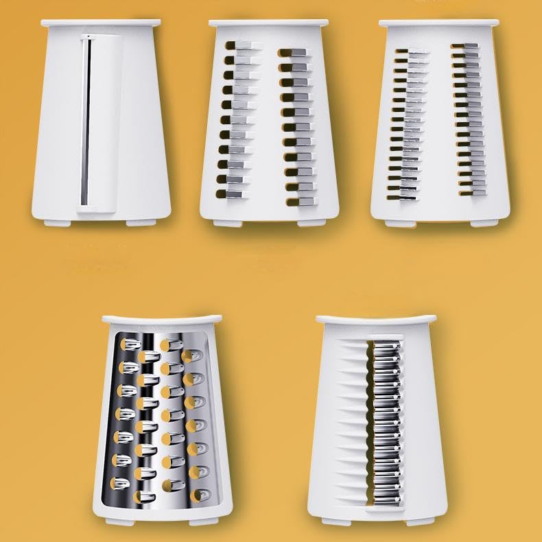 YHBRAK Rotary cheese grater with 5 different interchangeable blades vegetable cheese grater slicer with handle with non-slip suction cup base for kitchen for cheese, vegetables, fruits, white