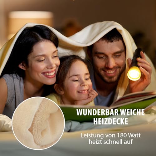 Alpina Elektrischer Heizdecke - Wärmedecke 180 x 130 cm - Wärmeunterbett 180W - Beheizbare Decke mit 10 Wärme Einstellungen - Waschmaschinenfest - Timer vond 1 bis 9 Stunden - Polyester - Beige