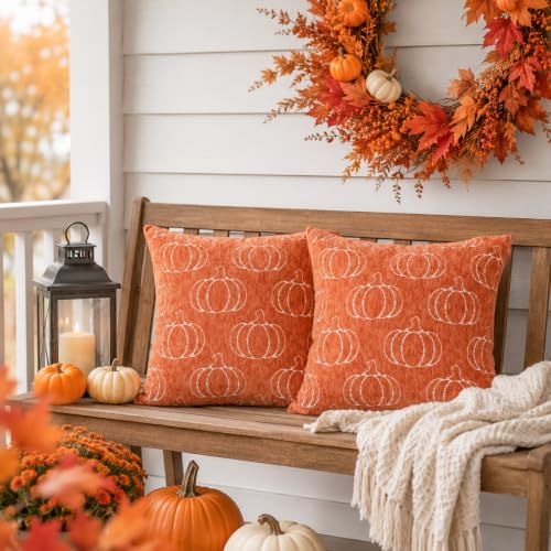 Image of Fall Pumpkin Chenille Pillow Covers, Autumn Decor(Orange,18x18) | Double-sided pumpkin and plaid designs, thick chenille texture, hidden zipper, for couch, sofa, bed, farmhouse autumn decor