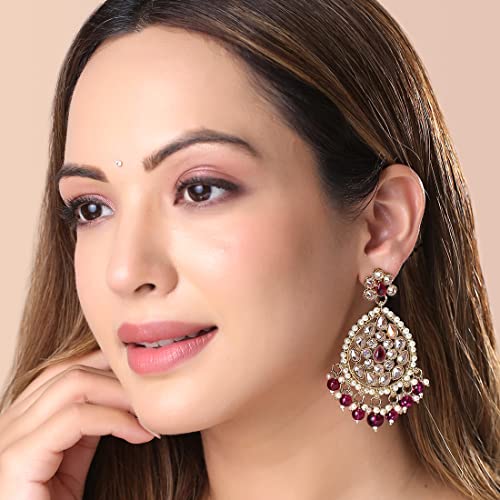 Image of Yellow Chimes Ethnic Gold Plated Meenakari Traditional Kundan Studded Floral Design Pearl Chandbali Earrings for Women and Girls