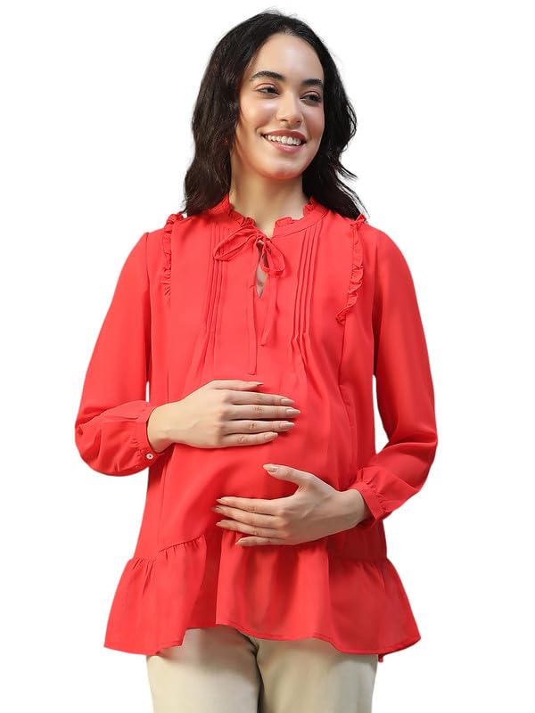 Women Polyester Home Tops | Relaxed Fit Solid Solid Tie-Up Neck |Regular Tops for Women |Red-image-18