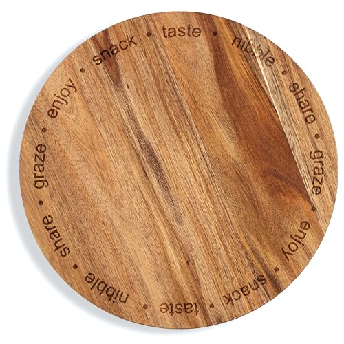 Laser Engraved Acacia Serving Board, 13 Inch Round Charcuterie Platter, Natural Wood Server for Meat, Cheese Board, and Party Appetizers, Grazing Board