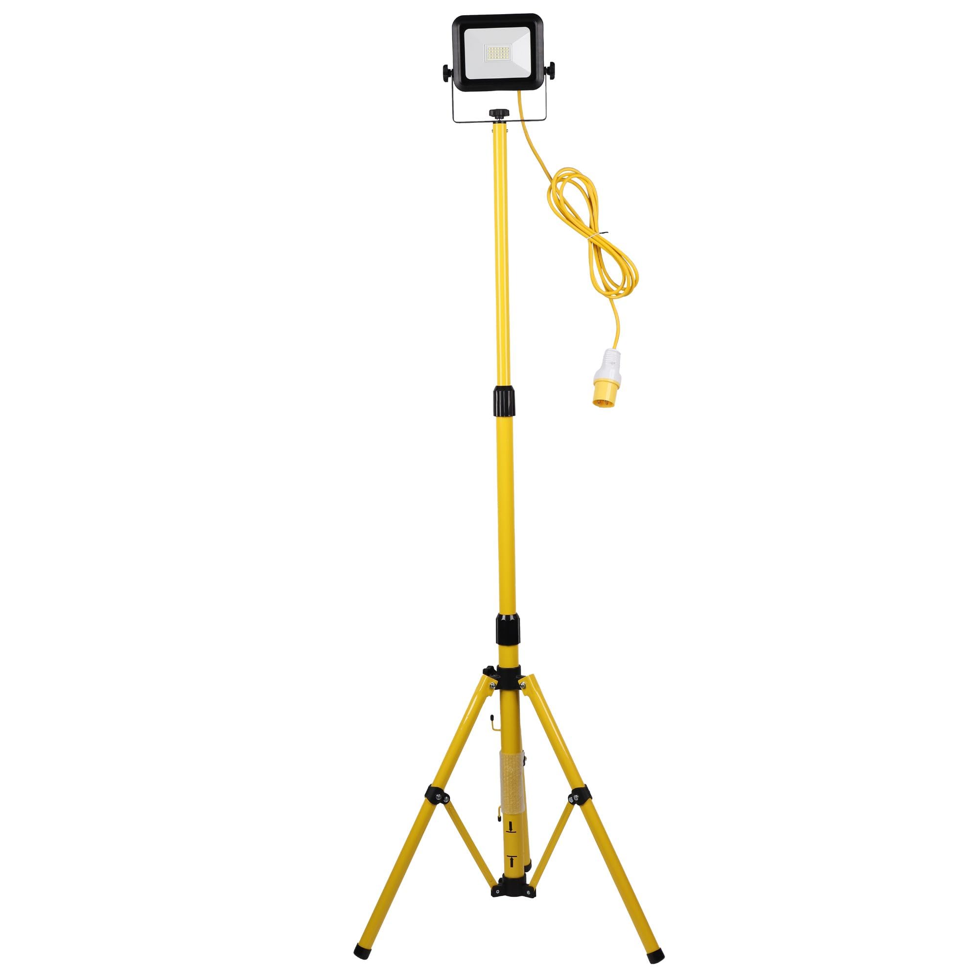 Connexion Electrical Ltd Yellow Led Tripod Work Light With Stand 20W Single Head Floodlight 2000 Lumens 110V 16Amp Plug Work Lights Ip44, Ideal For Construction Site Indoor Outdoor Job Site Workshop