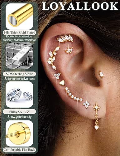LOYALLOOK 925 Sterling Silver Flat Back Stud Earrings for Women Hypoallergenic | 14K Gold Plated Cartilage Earrings for Sensitive Ears | Small CZ Helix Conch Tragus Piercing Jewelry 20G3