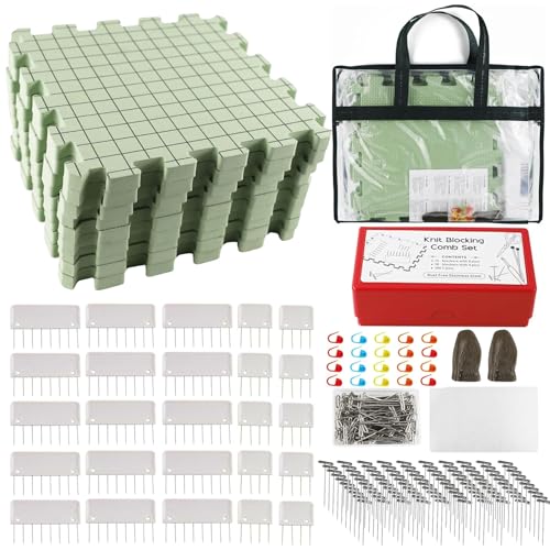SusggO Pack 9 Tablero Bloqueo Ganchillo Crochet Espuma, 25 Peines Bloqueo,100 Pines T,Protector dedos,20 marcadores. Bloqueador Granny Crochet Bloqueo Granny Square