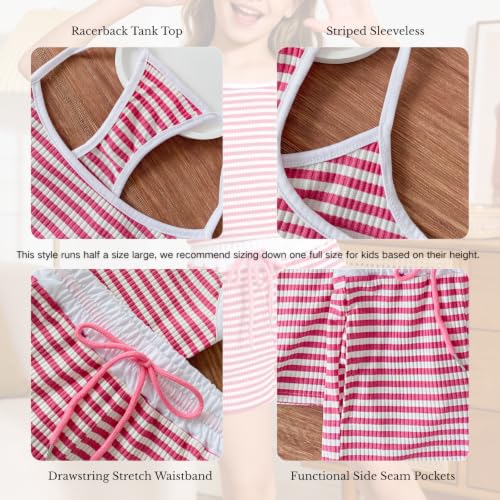 Image of Size 7-14Y Girls Clothes 2 Piece Outfits Striped Tank Top Drawstring Shorts Teen Girls Summer Clothing Sets