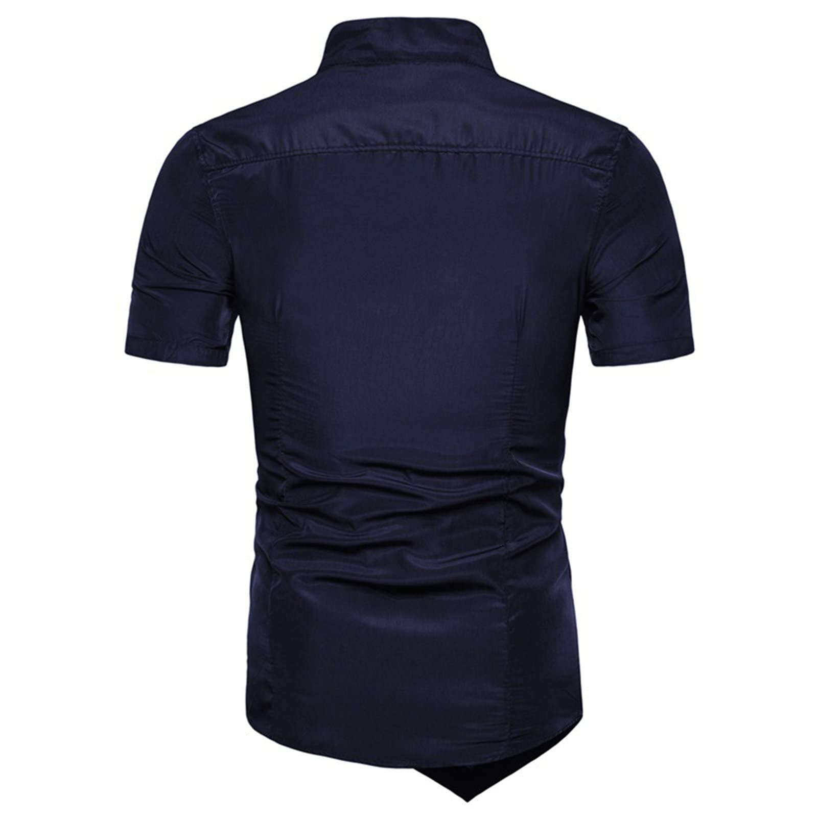 Maiyifu-GJ Men's Irregular Short Sleeve Dress Shirt Retro Banded Collar Button Up Shirts Slim Business Party Medieval Shirt (Dark Blue,XX-Large)