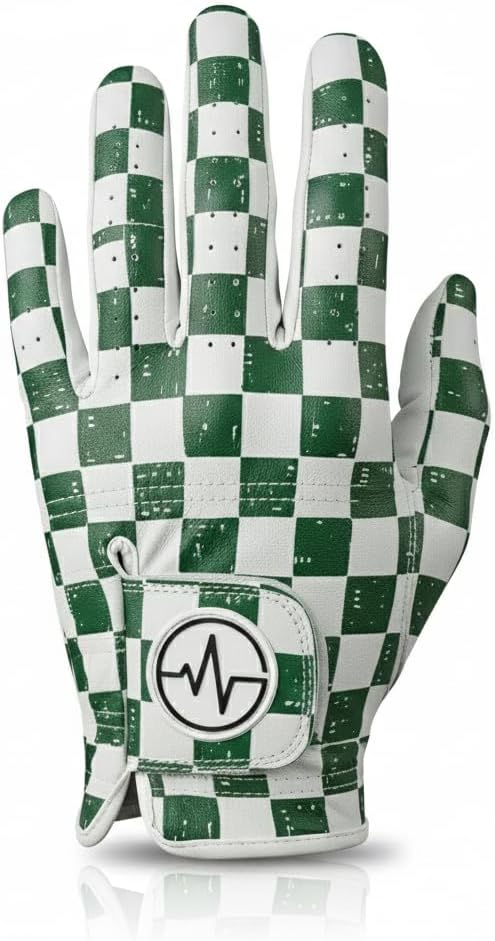 Premium Golf Glove V2 - AAA Cabretta Leather | Improved Fit and Durability | All Weather Performance | Men and Women (Green/White Checkered, Large, Left Hand (for Right Handed Golfers))